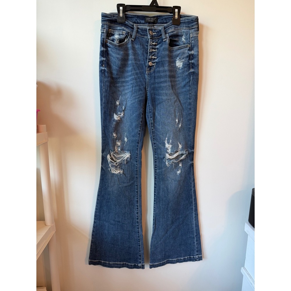 Judy Blue High Rise Distressed Flare Jeans Medium Wash Button Fly Size 9/29